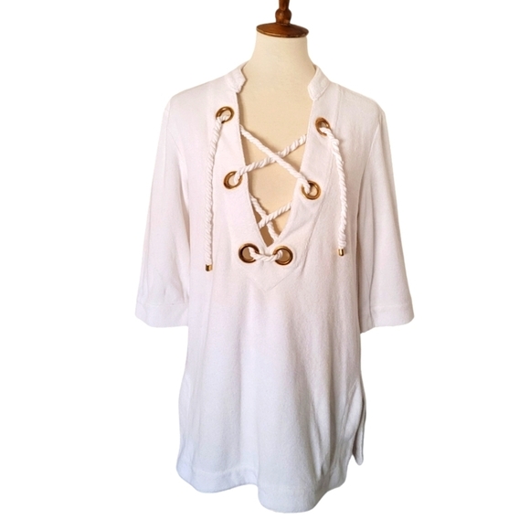 Lace Up Tunic Top Gold Accent White Half Sleeve Lightweight Cover‎ Up - Picture 2 of 5
